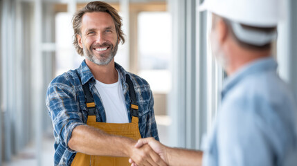 Fototapeta premium Smiling man in casual work clothes shaking hands with older man in light blue shirt and cap, indoors with bright natural light, expressing friendliness and agreement