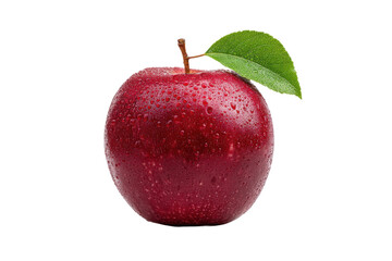 Fresh red apple with leaf and water droplets on black background, cut out