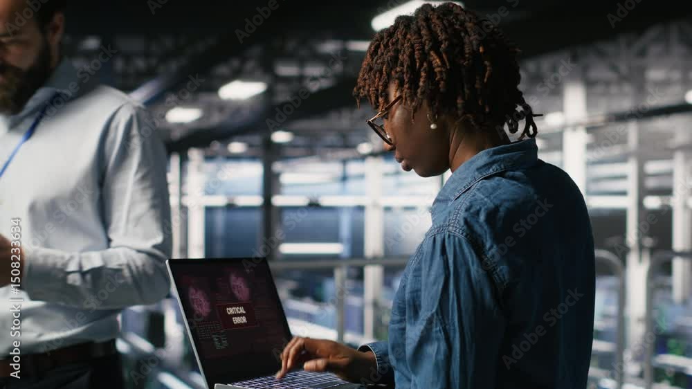Poster technician in data center stressed by critical error popup on laptop during diagnostics session. anx
