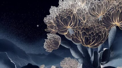 Abstract fantasy landscape featuring stylized luminous flower blossoms against a starry night sky with rolling hills, ethereal glow, dreamy scenery - Powered by Adobe