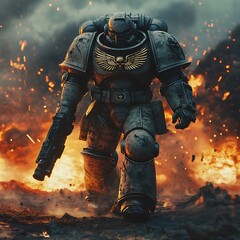 Fototapeta premium Armored figure advancing through a fiery battlefield.