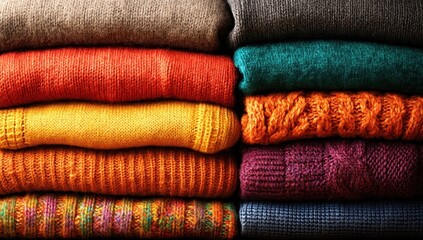 Stacked colorful sweaters in autumnal tones