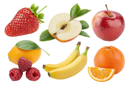 Fruits and berries icon set featuring strawberry peach apple raspberry pear banana and orange