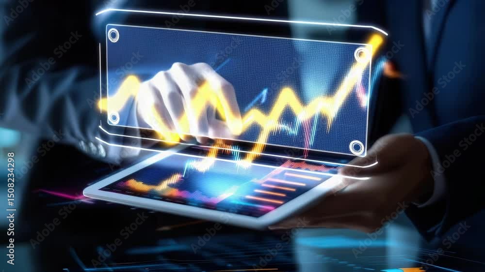 Aufkleber digital tablet displaying financial graph and business data analysis, showcasing innovative technolo