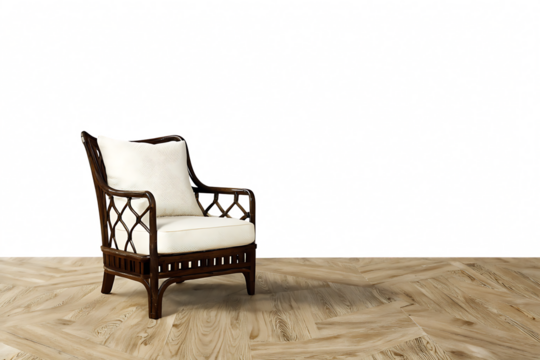 Rattan chair against colorful abstract wall isolated on a white background