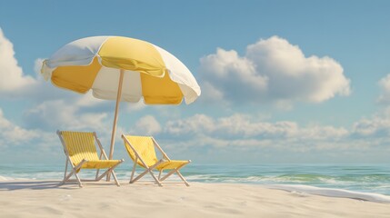 Summer vacation concept with beach umbrella and chairs on golden sand under natural sunlight, featuring soft ocean backdrop and relaxed tropical atmosphere in 3D render style