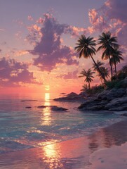 Obraz premium The sun sets beautifully over a tranquil tropical beach, casting vibrant colors across the sky and shimmering on the calm waters. Palm trees stand tall, framing the picturesque view