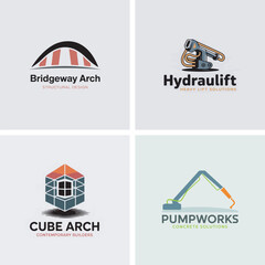 Collection of four modern construction and engineering company logo designs showcasing architectural elements and equipment for branding.