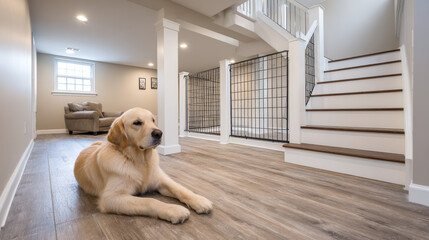 Naklejka na ściany i meble Comfortable pet friendly home interior with durable flooring, spacious area for pets, and modern staircase design, creating cozy and safe environment for pets and family