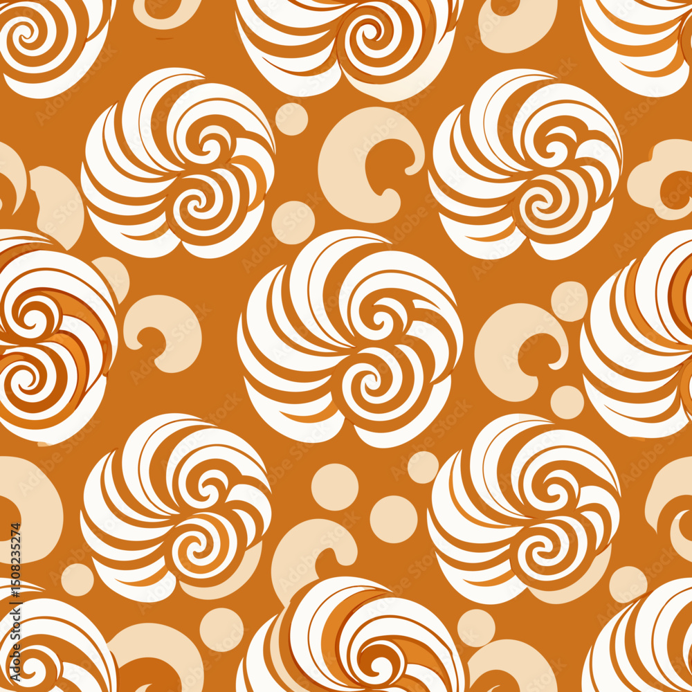 Poster seamless vector pattern of swirling shells on warm orange background