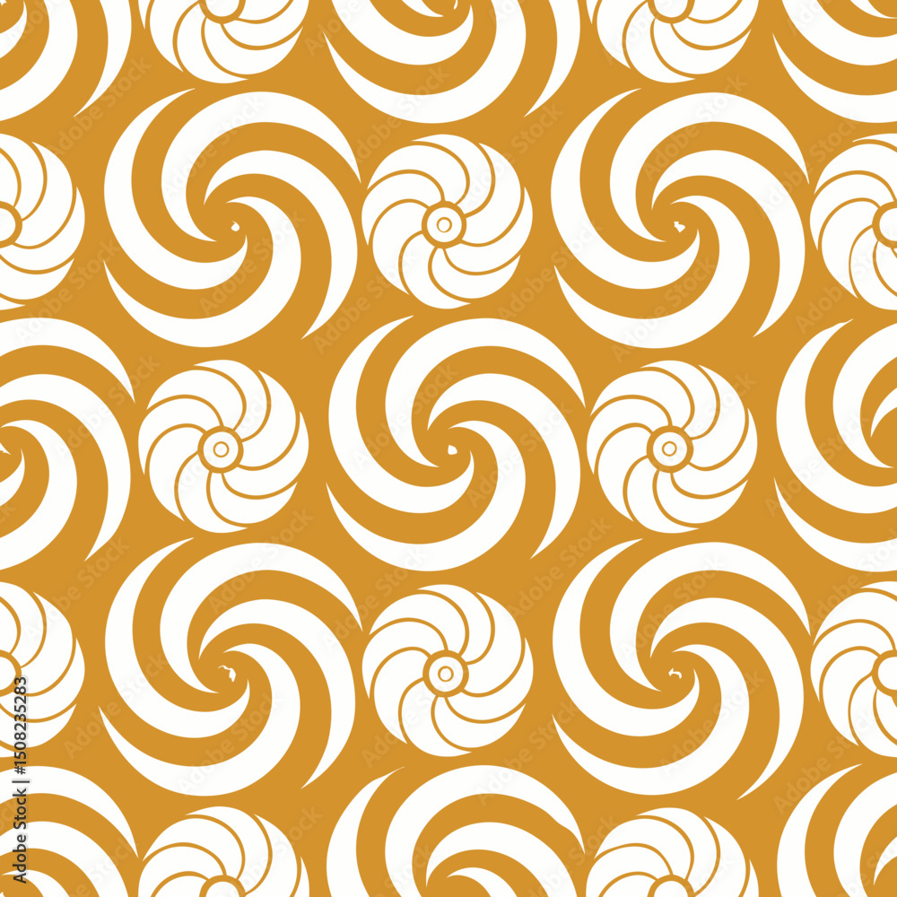 Poster seamless vector pattern featuring swirls and shells on a golden background