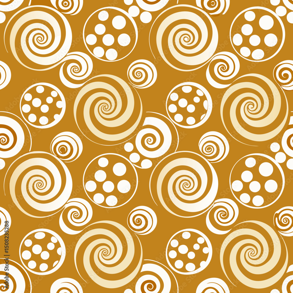 Poster swirling circular patterns in warm brown tones with polka dots - concept of seamless vector pattern