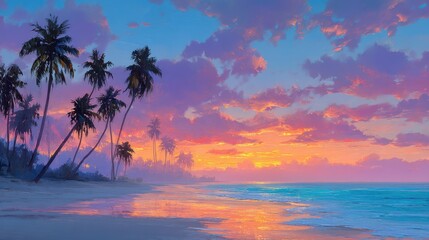 Visitors can enjoy a peaceful sunset at a beach, with silhouettes of palm trees framing the horizon. The sky is painted in warm hues, creating a serene atmosphere