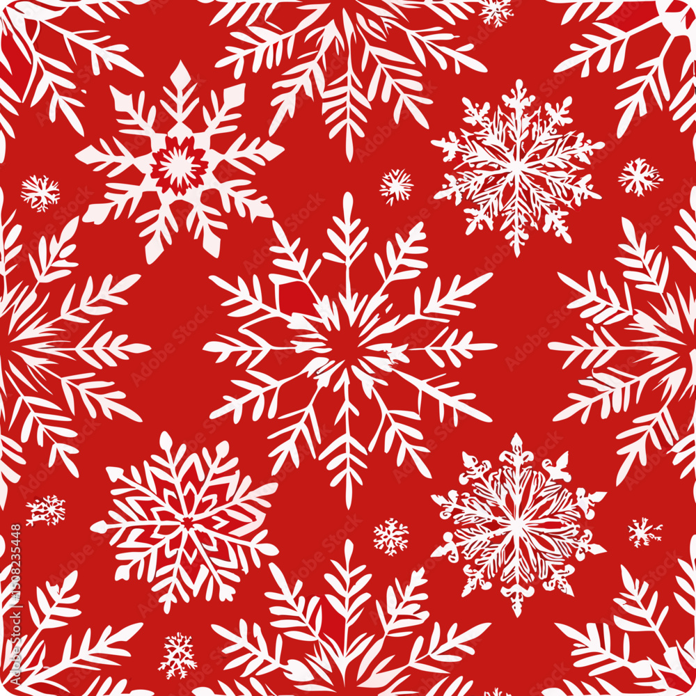 Poster hand-drawn snowflakes pattern on red background concept of seamless vector pattern