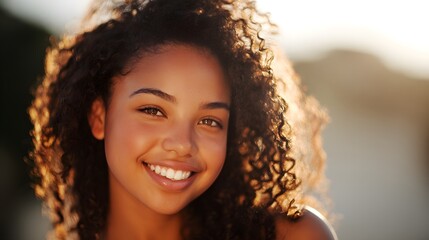 Portrait of a smiling multicultural woman in warm natural light, head and shoulders composition with soft gradient background and shallow depth of field, f/2.8 studio setting