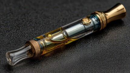 Fototapeta premium A vape pen cartridge filled with golden healing oil is placed on a sleek dark surface. The cartridge reflects light, highlighting its intricate design and emphasizing the oil's vibrant hue