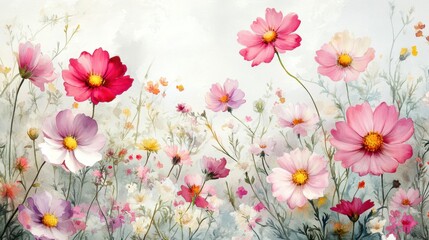 Fototapeta premium Beautiful seamless floral water color pattern Set, watercolor wild flowers, leaves and grass,Collection botanic garden elements, isolated illustration in rustic or vintage style,copy space.