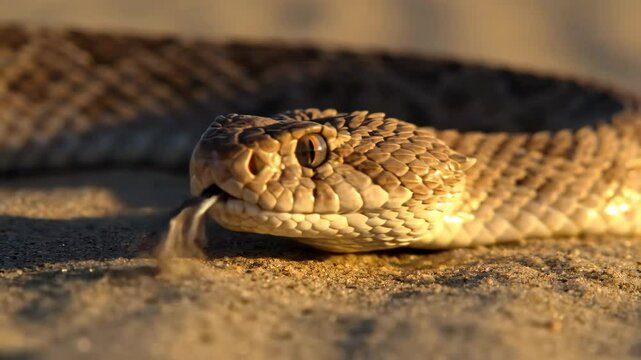 Close up sequence of a rattlesnake flicking its tongue on sandy terrain in natural lighting