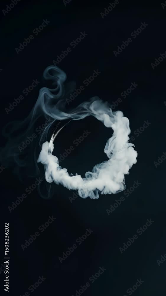 Poster a white ring is suspended in the air, surrounded by a cloud of smoke. the smoke is a mixture of whit