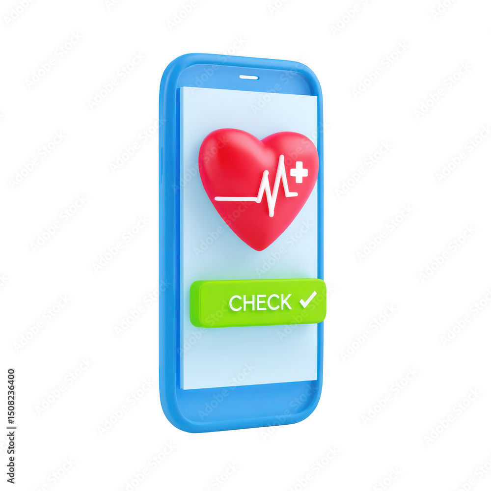 Poster 3d heartbeat on smartphone screen with check button isolated on transparent background