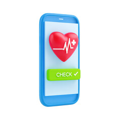 3d Heartbeat on smartphone screen with check button isolated on transparent background