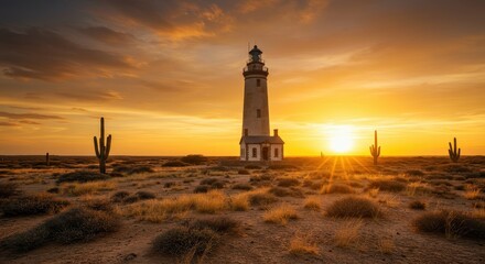 Scenic Lighthouse at Sunset with Desert Landscape and Cacti under Golden Skies in Warm Horizon Glow