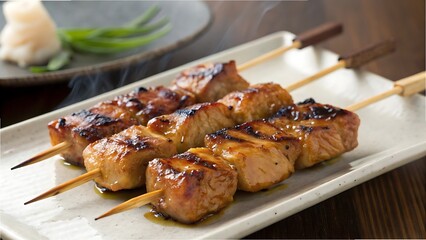 Fototapeta premium Juicy Chicken Skewers with Teriyaki Sauce and Garnish