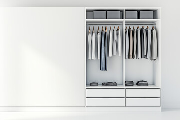open concept minimalist wardrobe system with white background