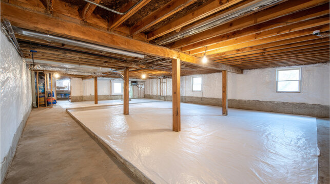Spacious basement with exposed wooden beams and support columns, featuring small windows and partially finished floor with section covered white protective material, bright lighting,