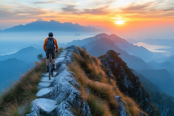 Adventurous Mountain Biking at Sunrise Along a Scenic Ridge Trail