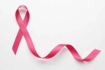 breast cancer awareness: A close-up of a pink ribbon laid on a white background, symbolizing breast cancer awareness, support, and the importance of early detection