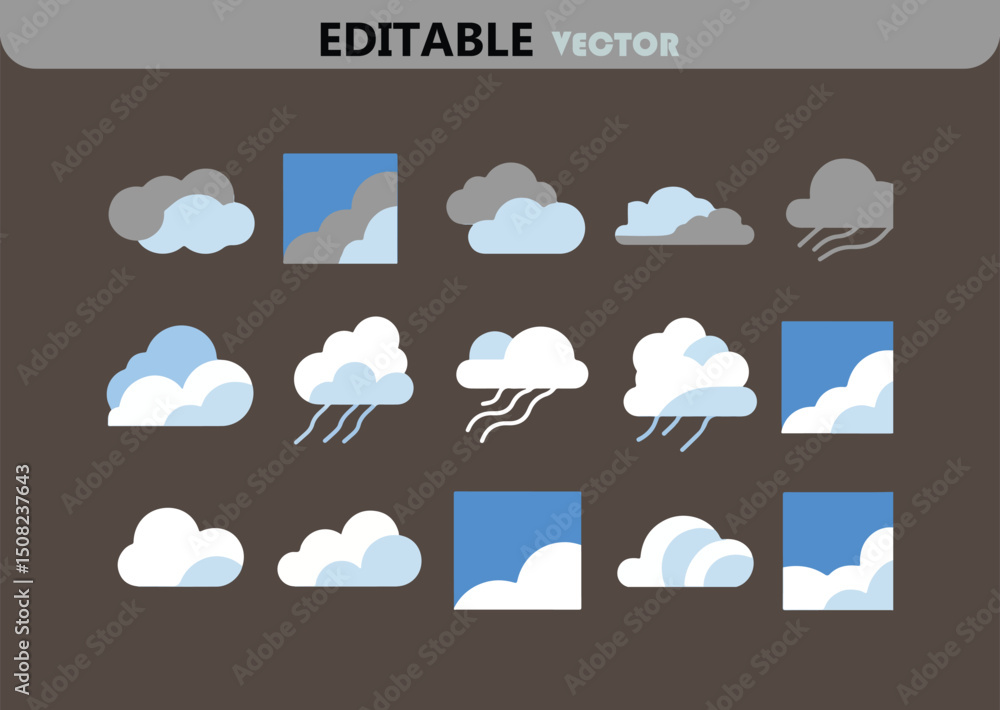Poster collection of weather icons featuring clouds with rain and clouds in square frames editable vector g