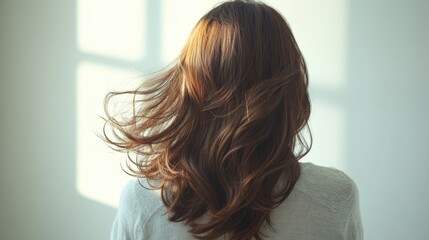 Beautiful model girl with Brown hair strand,silky healthy chestnut wavy hair strand,hair wavy ribbon, with smooth,Keratin straightening,Treatment,straight long hair,procedures,Smooth hairstyle.