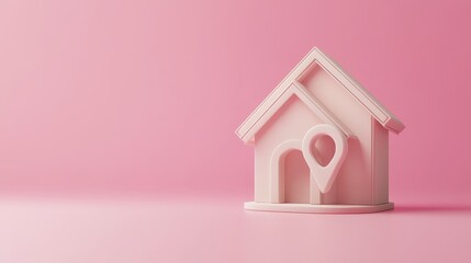 A simple 3D image shows a house with a map marker on a pink background.
