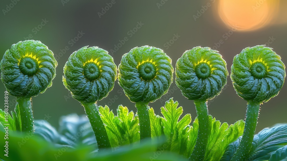 Poster full frame composition of fiddlehead ferns in a lush green setting with sunlight and dewdrops