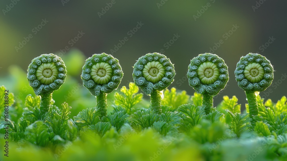 Poster full frame composition of fiddlehead ferns sprouting in a lush green forest background