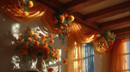 Fototapeta premium Warmly lit interior with vibrant orange and yellow marigold flowers in a white vase, casting intricate shadows on a textured white wall. Rustic wooden ceiling beams draped with golden-orange fabric an