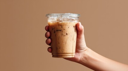 Iced coffee in hand against a beige backdrop