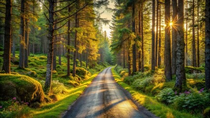 Obraz premium Golden Hour Pathway Through a Lush Evergreen Forest with Sunlight Streaming Through the Trees