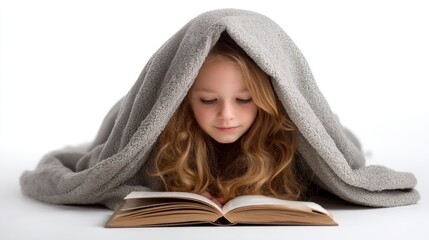 Child reading under a blanket