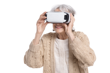 Elderly caucasian female enjoying virtual reality experience with vr headset, cut out