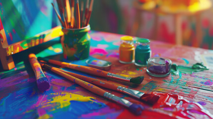 Fototapeta premium Colorful art supplies on a wooden table, vibrant paints and brushes, a creative and cheerful moment. ﻿