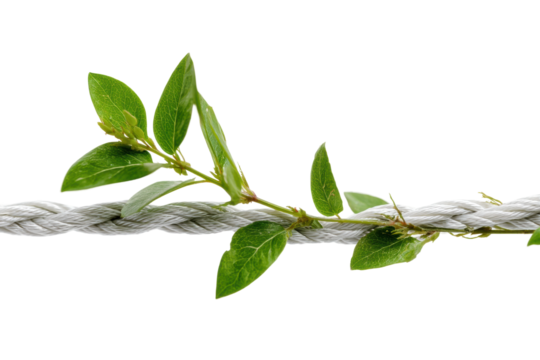 Green vine twine wrapped around rope against black background, cut out