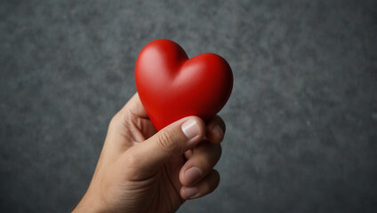 Fototapeta premium Left hand holding a red heart on a blurred gray black background.