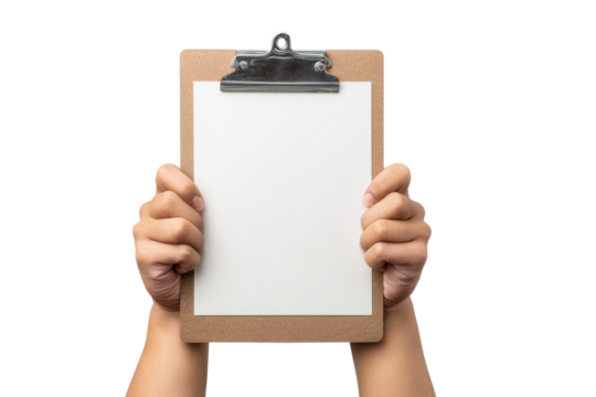 Close-up of hands holding blank clipboard isolated on white background, cut out