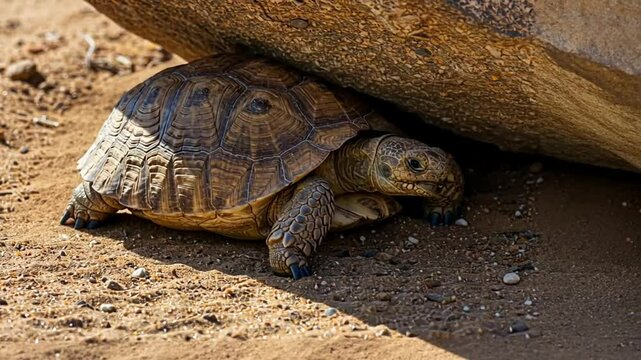 Slow wild tortoise on sand, rock, or ground