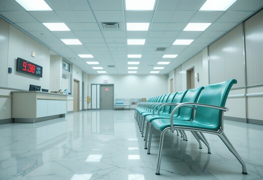 Modern clean hospital waiting room with green chairs and bright lighting in sterile environment