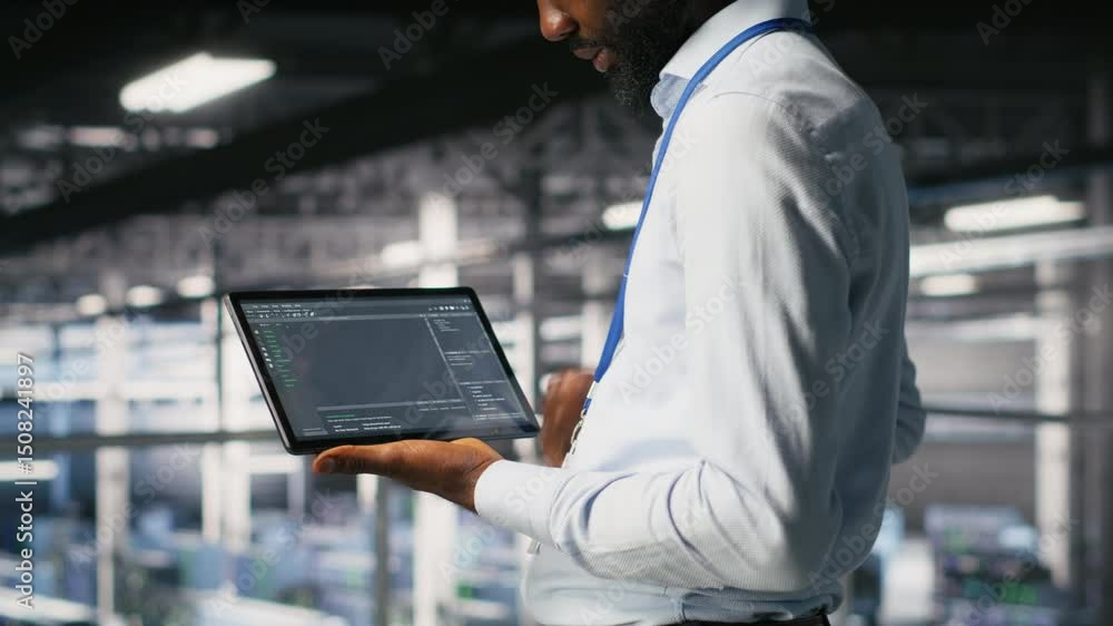 Poster close up of programmer swiping on tablet display in data center, doing maintenance tasks, ensuring o