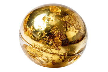 Shiny gold spherical object with irregular patterns on glossy surface, cut out