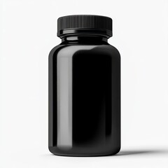 Black matte plastic supplement bottle mockup on a white background, close-up.